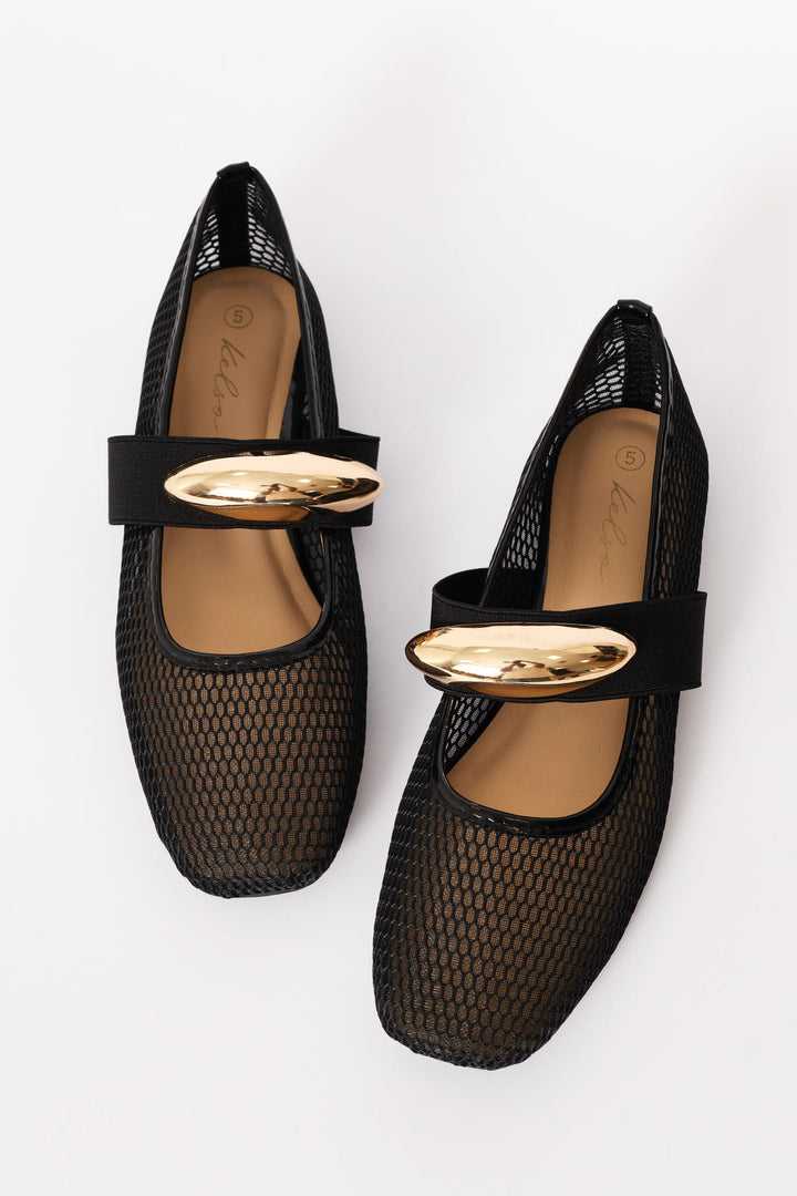 Mesh Maryjane Pump With Gold Trim Detail - Black