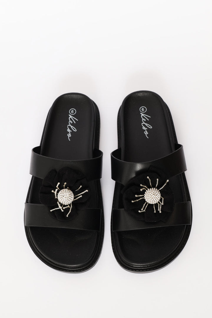 Flower Trim Puff Strap Mule Sandal - Black