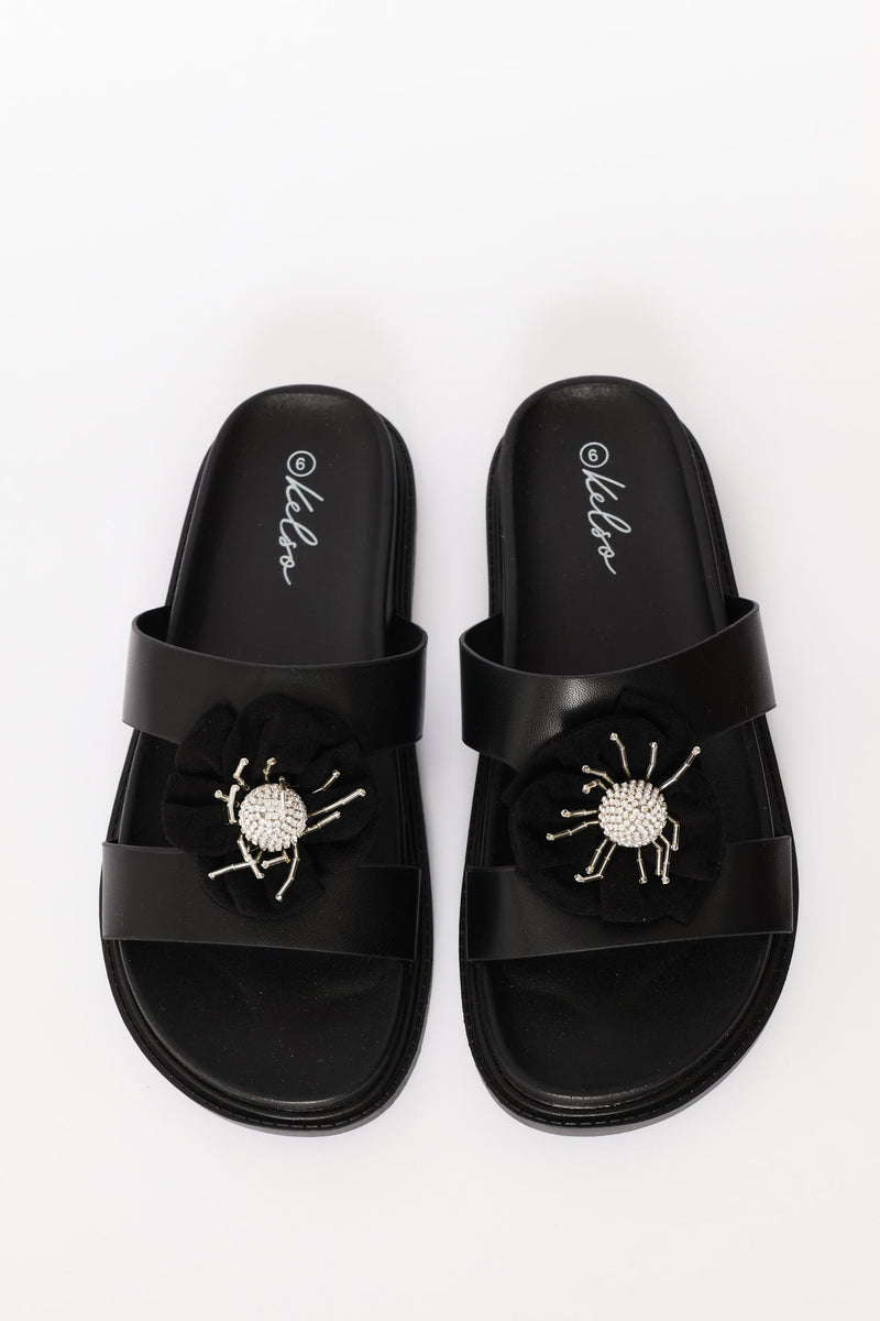 Flower Trim Puff Strap Mule Sandal - Black