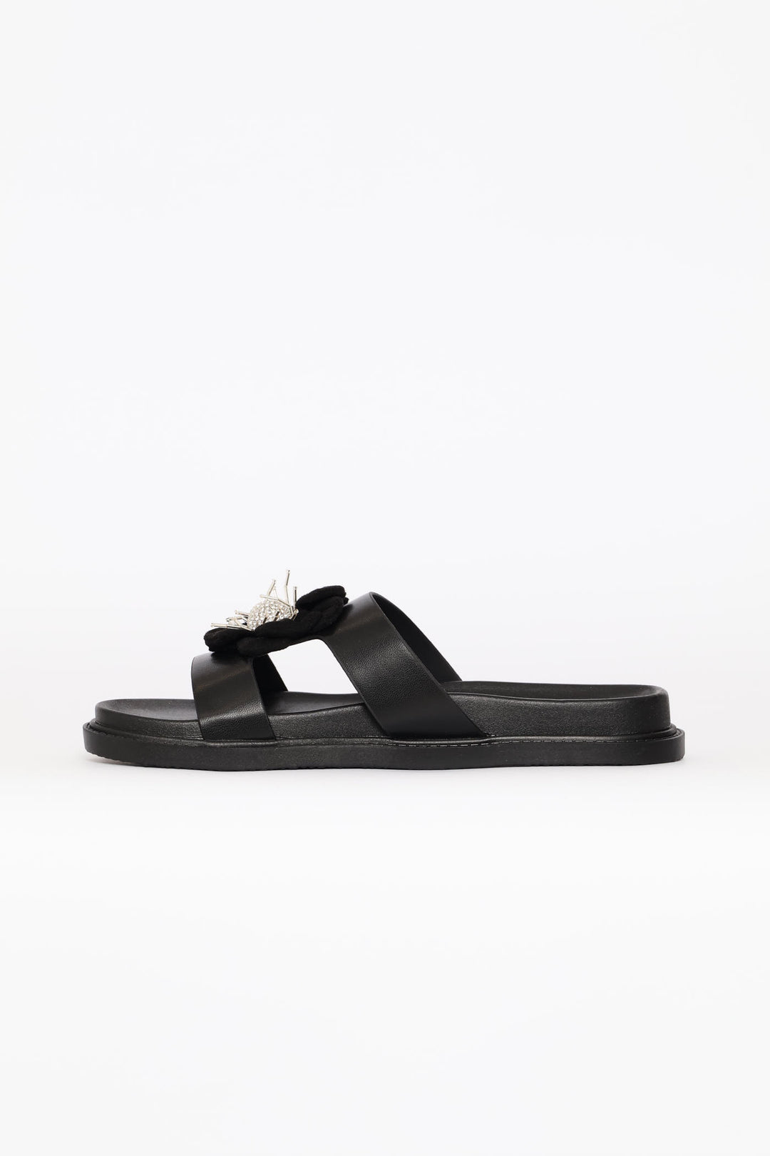 Flower Trim Puff Strap Mule Sandal - Black