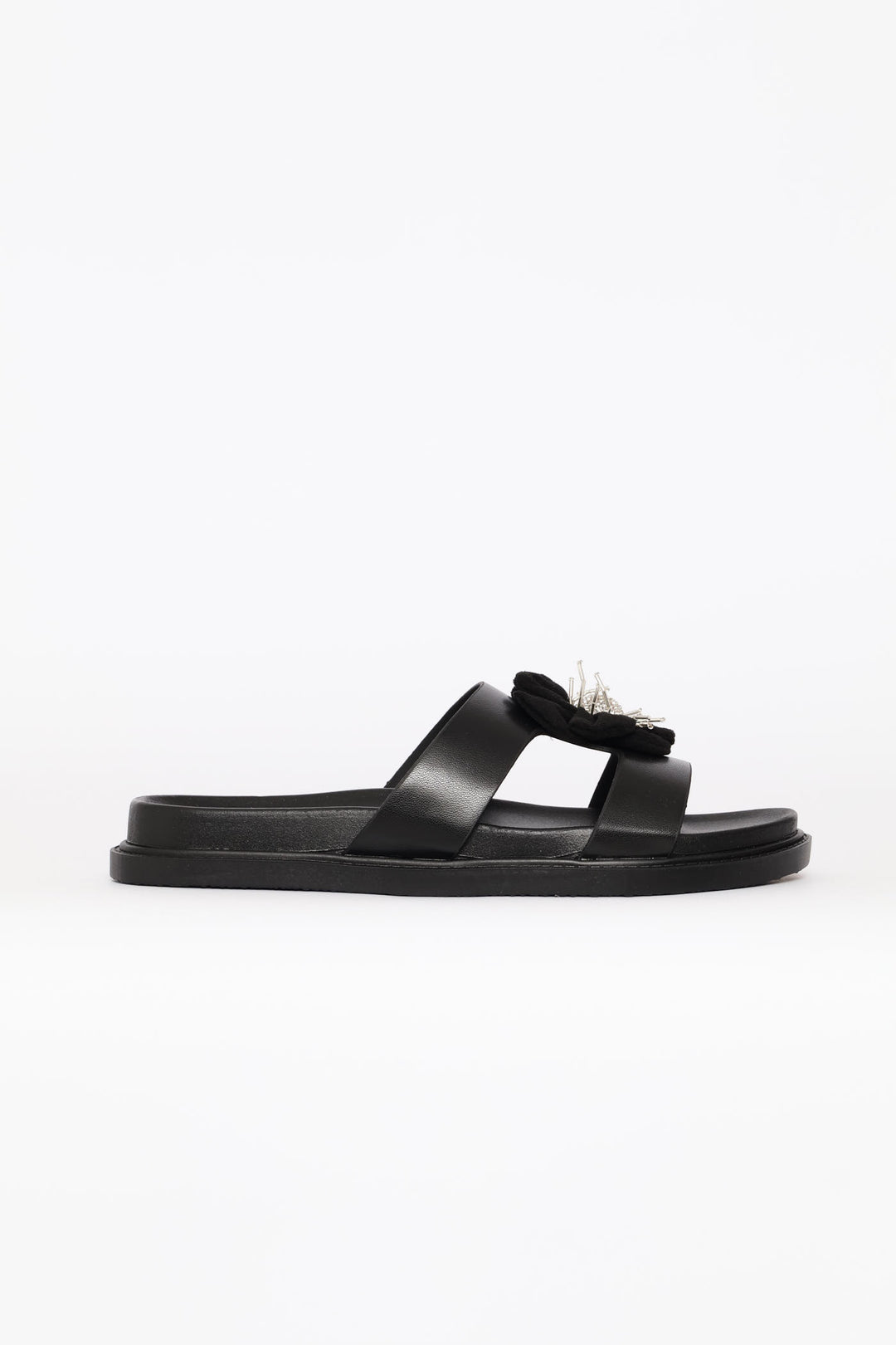 Flower Trim Puff Strap Mule Sandal - Black