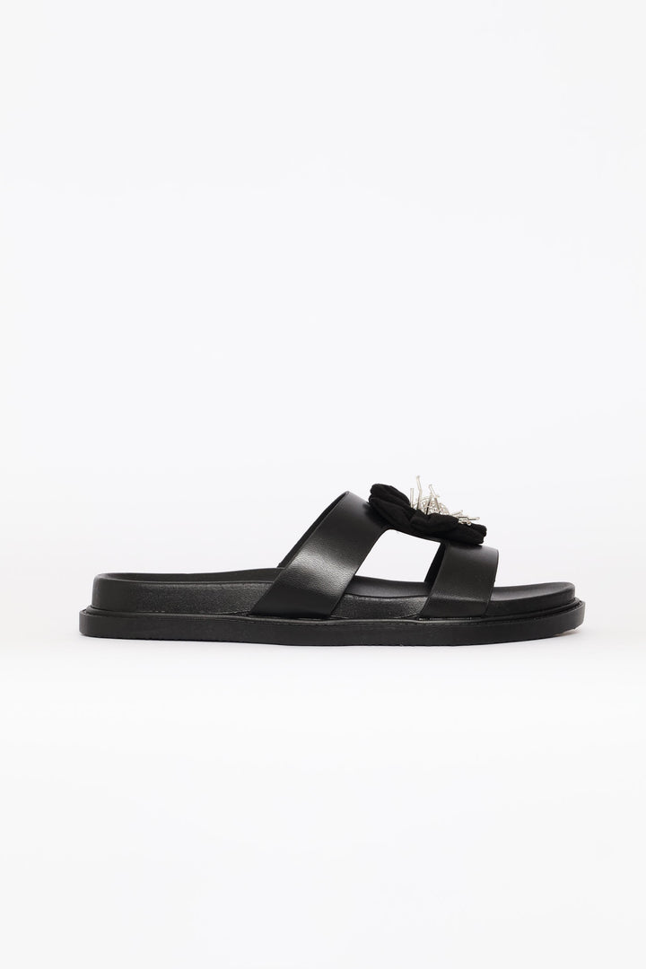 Flower Trim Puff Strap Mule Sandal - Black