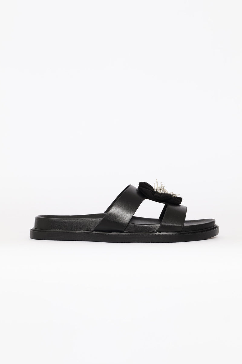 Flower Trim Puff Strap Mule Sandal - Black
