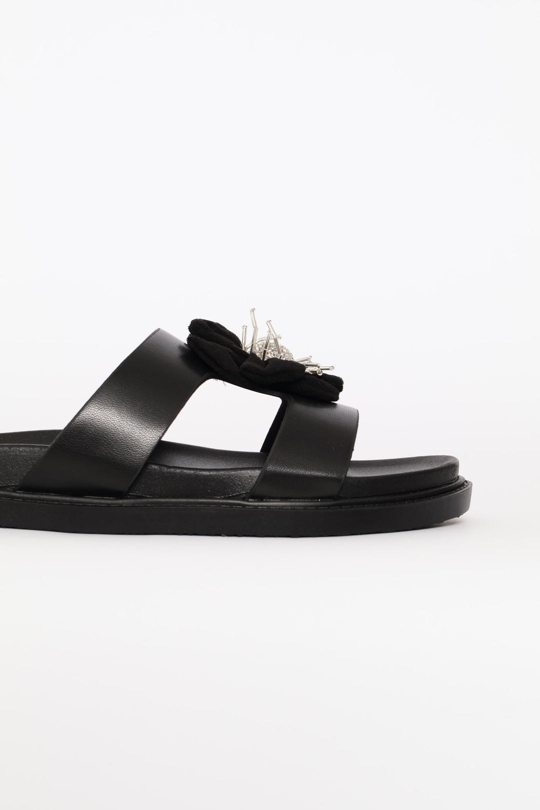 Flower Trim Puff Strap Mule Sandal - Black