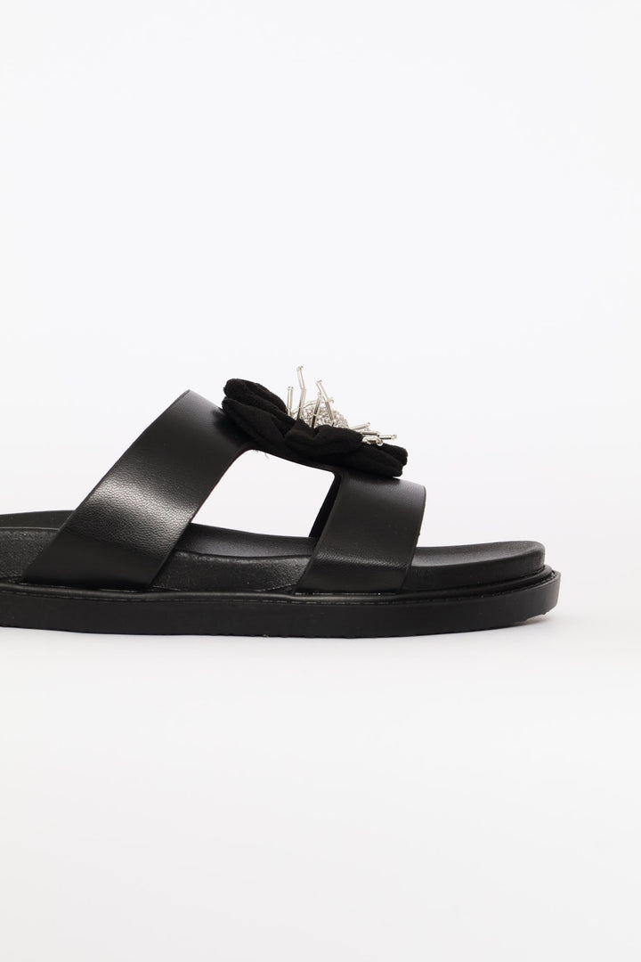 Flower Trim Puff Strap Mule Sandal - Black