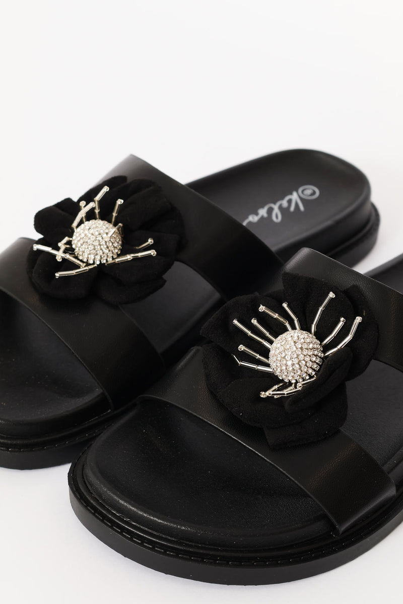 Flower Trim Puff Strap Mule Sandal - Black