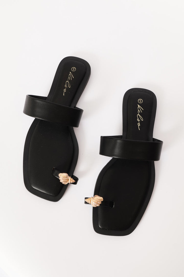Shell Trim Toe Post Sandal - Black