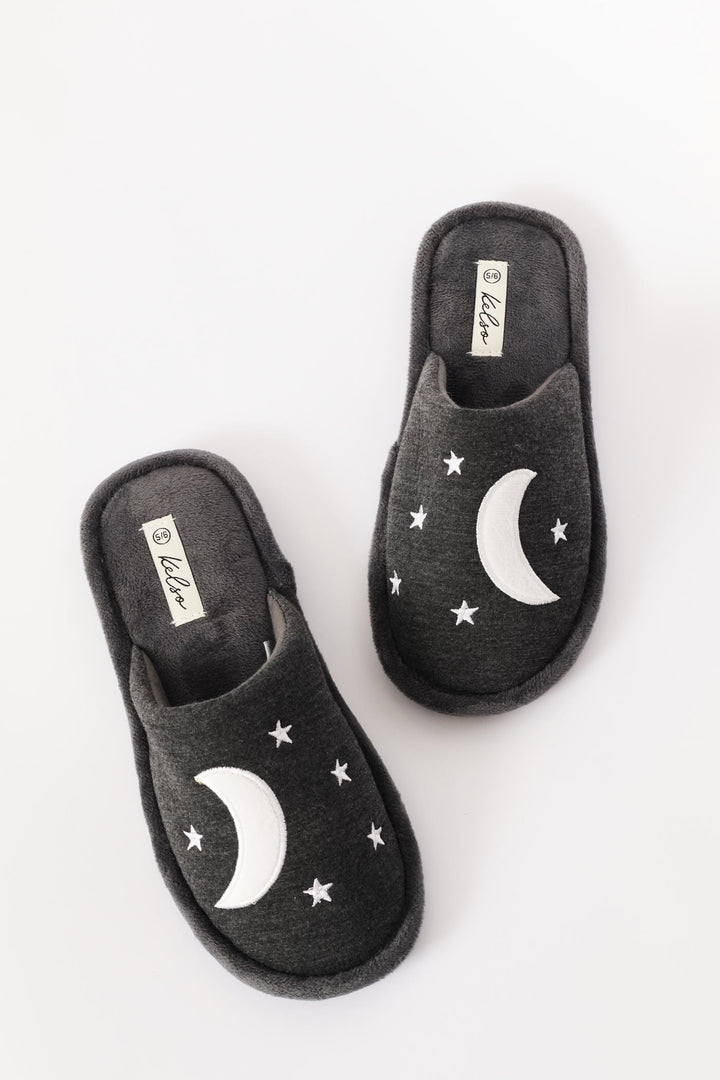 Embroidered Moon & Star Slipper - Charcoal