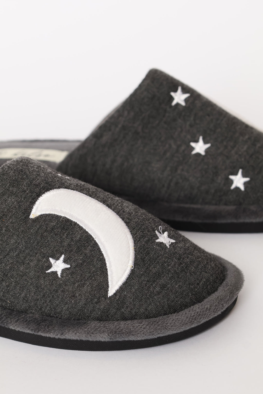 Embroidered Moon & Star Slipper - Charcoal