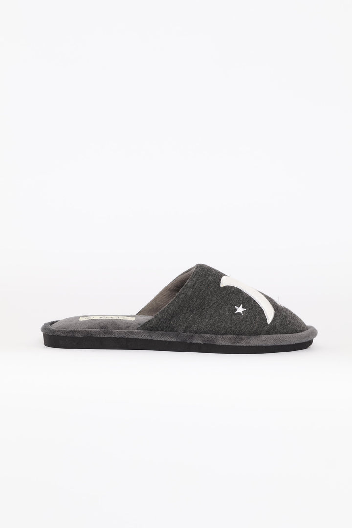 Embroidered Moon & Star Slipper - Charcoal