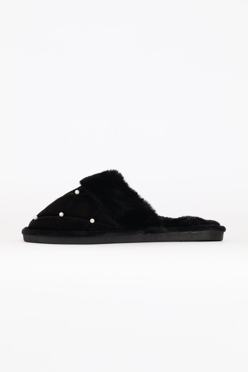 Pearl Detail Slipper - Black