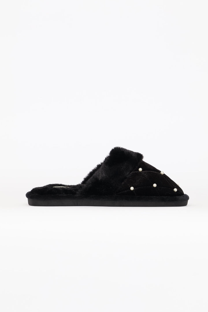 Pearl Detail Slipper - Black