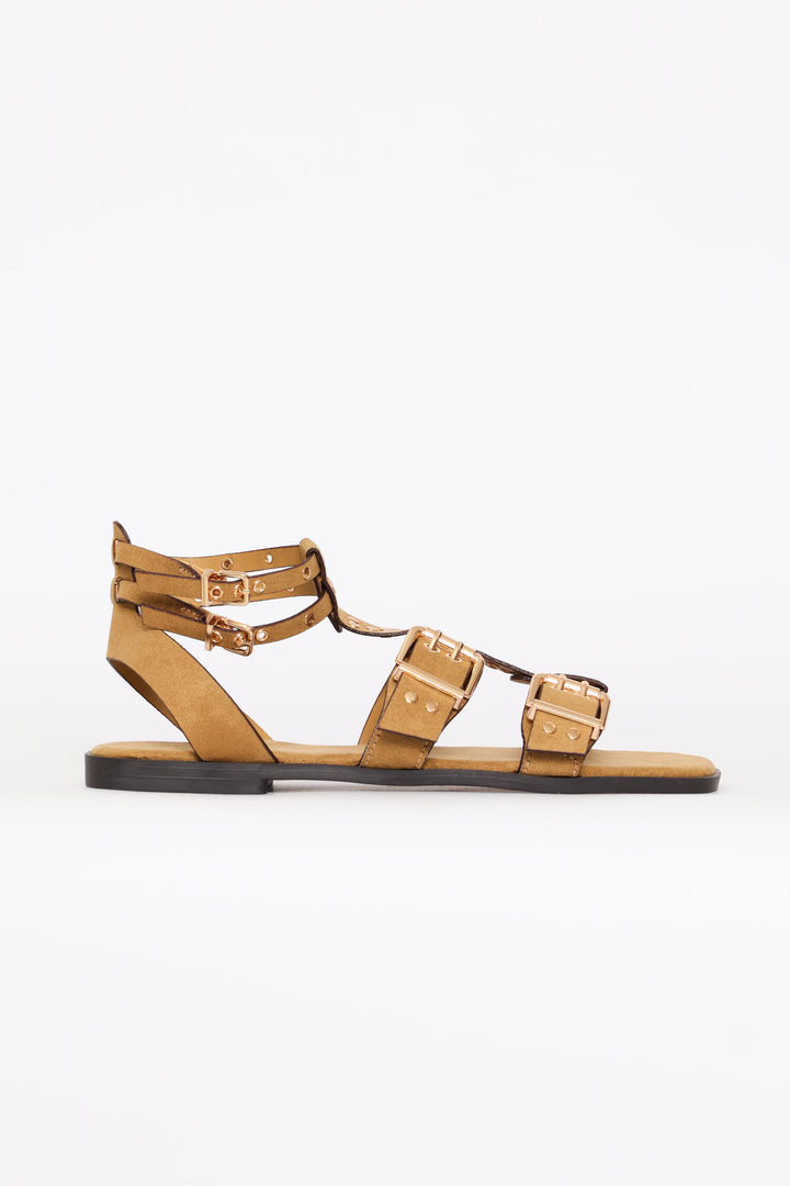 Buckle & Stud Detail Mulstistrap Sandal - Taupe