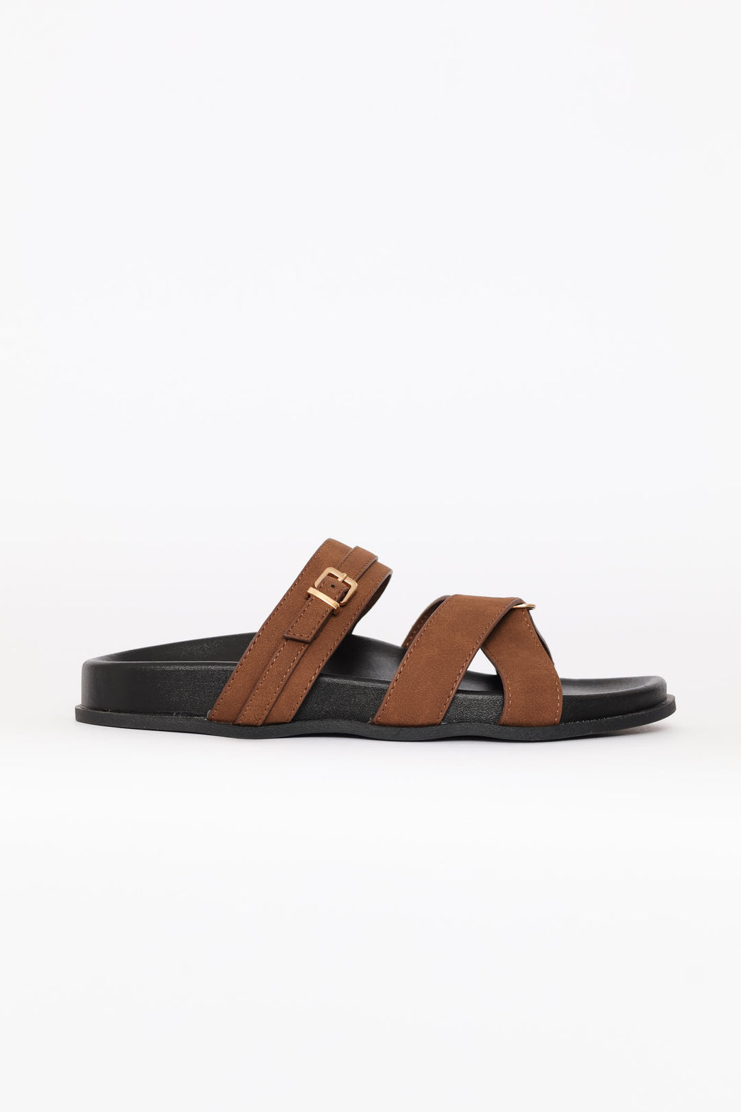 Double Band Slide Sandal On Moulded Footbead - Tan