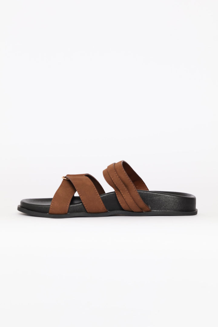 Double Band Slide Sandal On Moulded Footbead - Tan