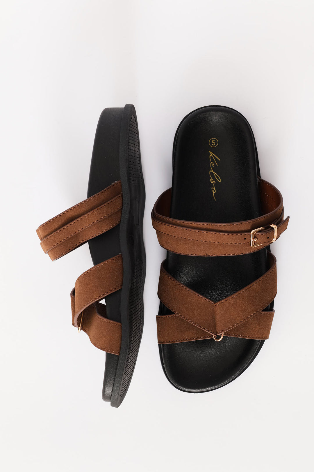 Double Band Slide Sandal On Moulded Footbead - Tan