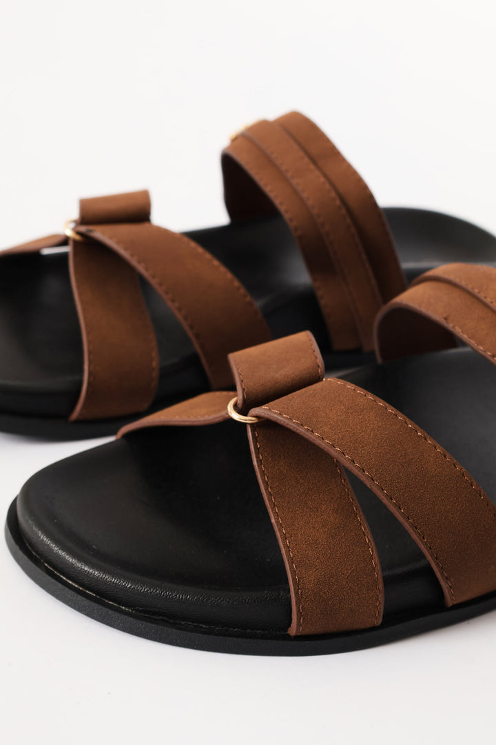 Double Band Slide Sandal On Moulded Footbead - Tan