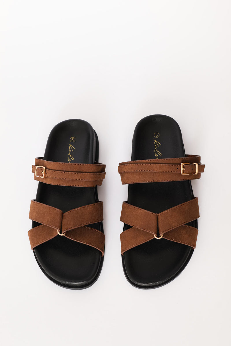Double Band Slide Sandal On Moulded Footbead - Tan
