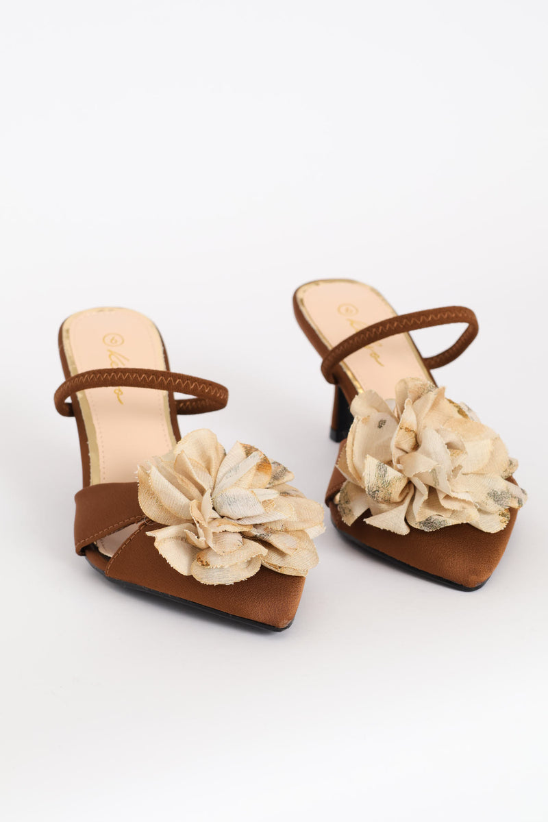 Elastic Strap Flower Trim Mule Heel - Brown