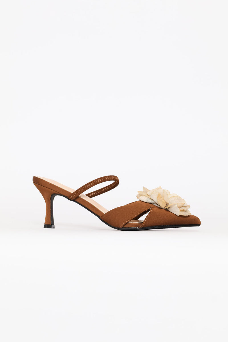 Elastic Strap Flower Trim Mule Heel - Brown
