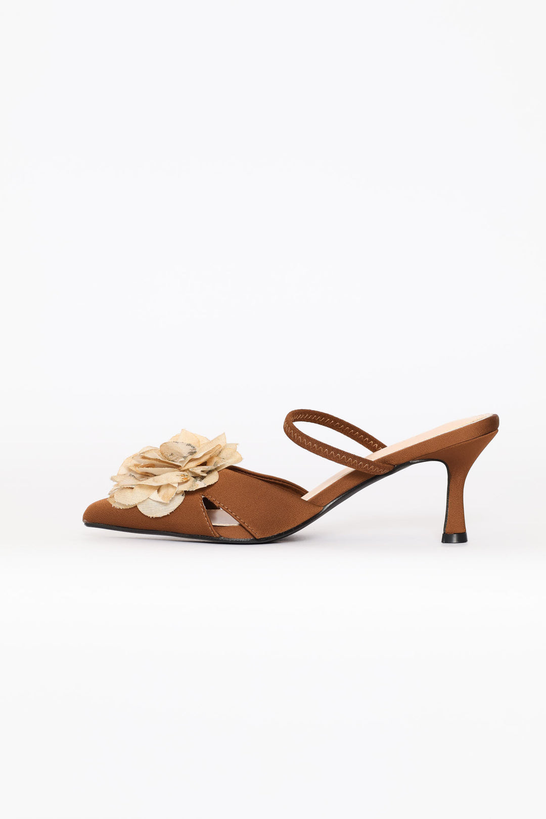 Elastic Strap Flower Trim Mule Heel - Brown