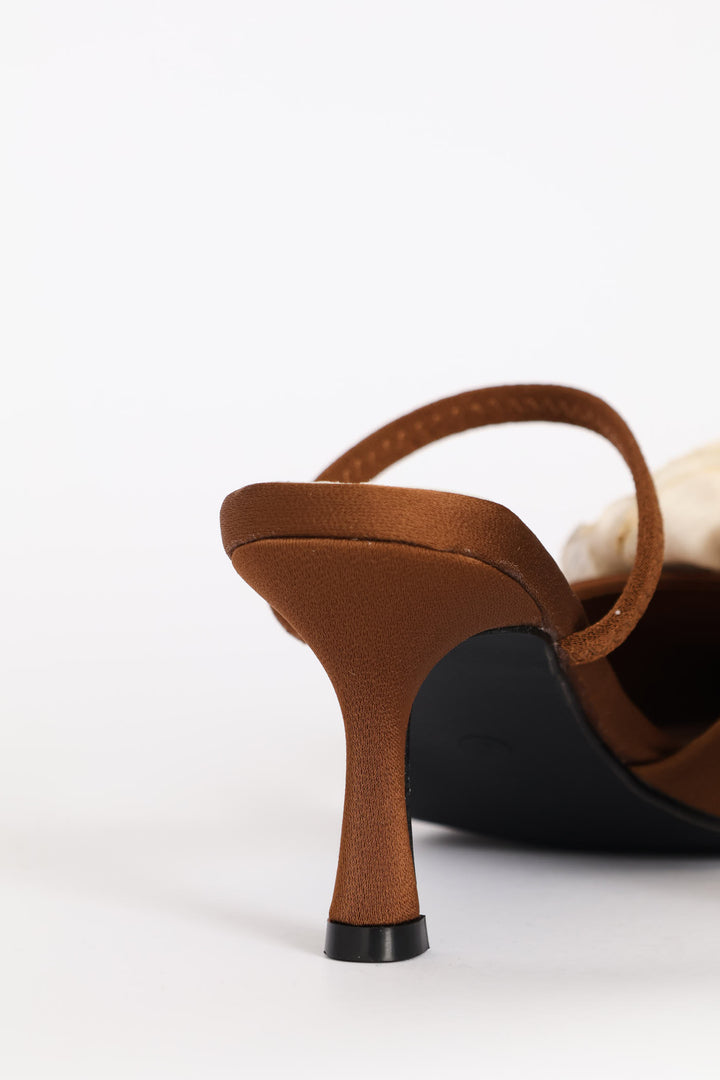 Elastic Strap Flower Trim Mule Heel - Brown