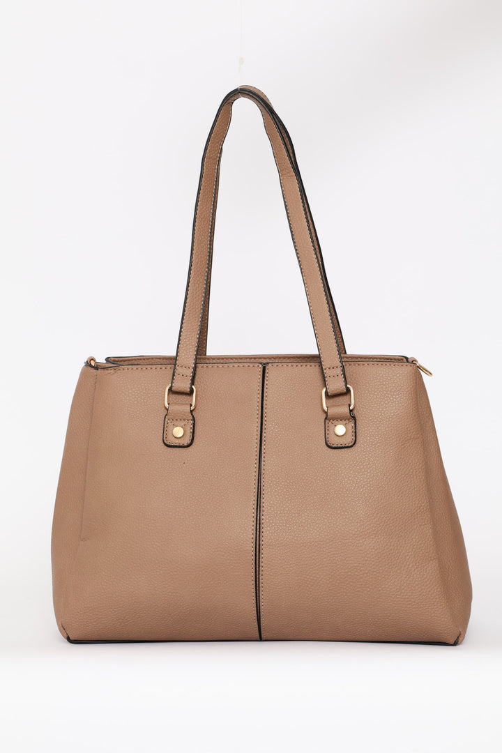 Multi-Compartment Text Tote Bag - Taupe