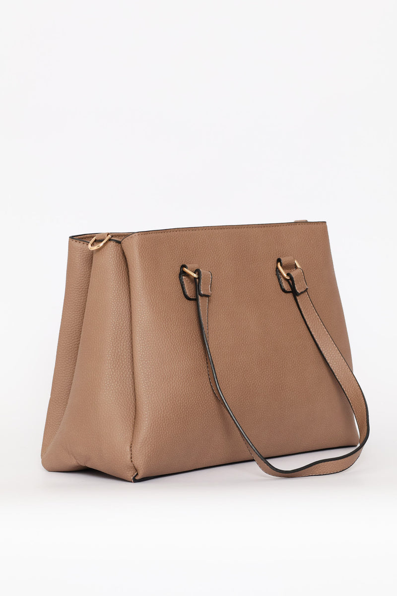 Multi-Compartment Text Tote Bag - Taupe