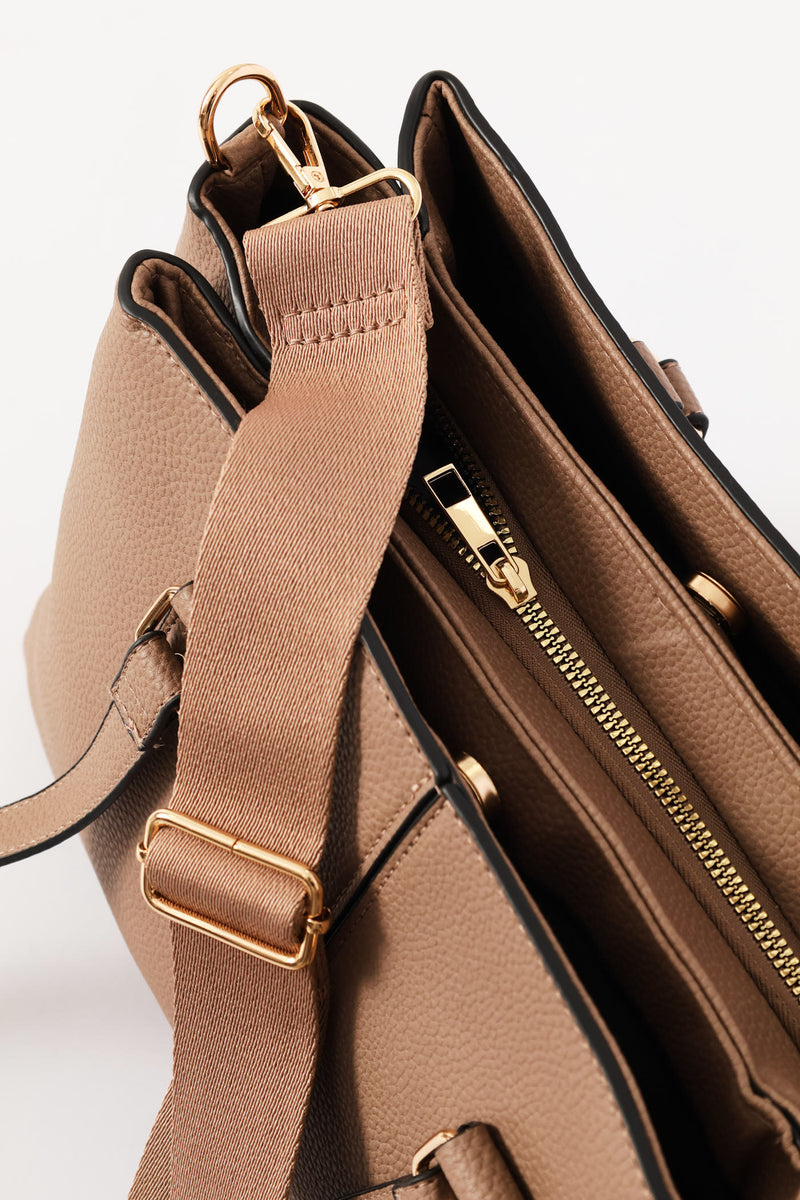 Multi-Compartment Text Tote Bag - Taupe