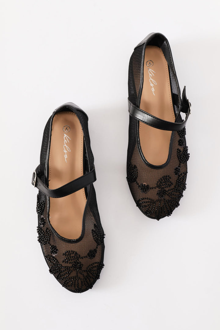 Floral Detail Mesh Pump - Black