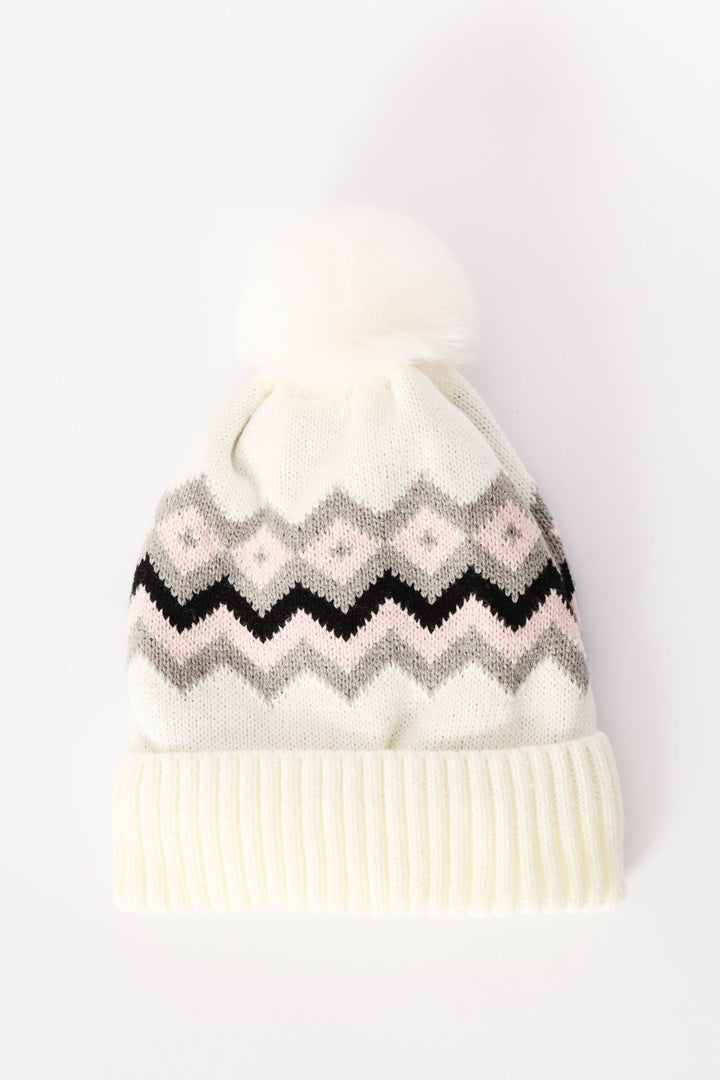 Girls Zig Zag Jaquard Beanie - White