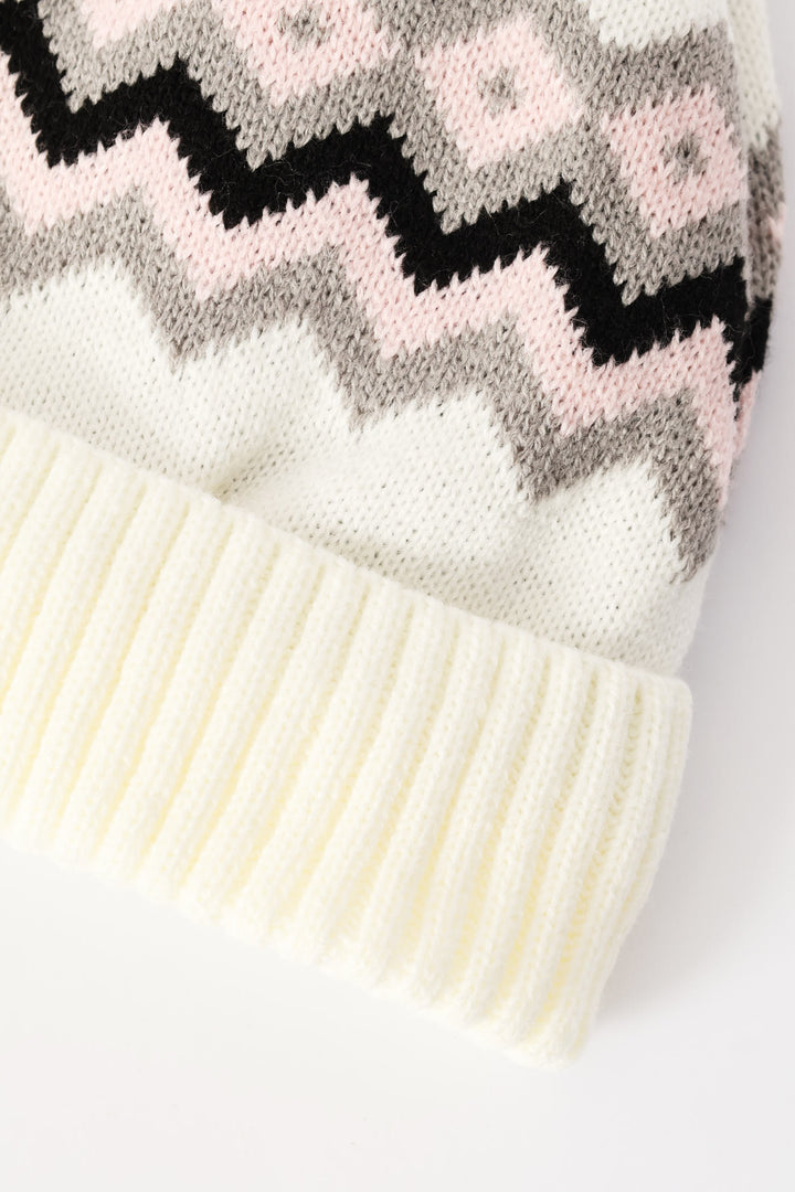 Girls Zig Zag Jaquard Beanie - White