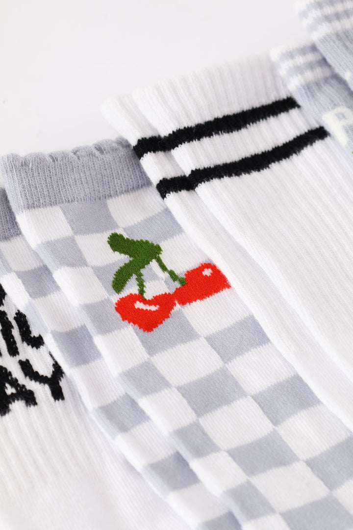 5 Pack Cherry Check Crew Fashion Socks - White/Blue