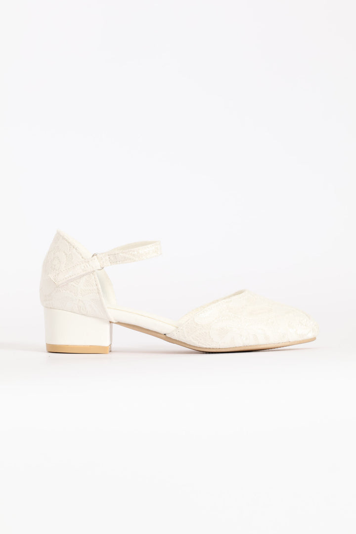 Girls Lace Heeled Shoe - White