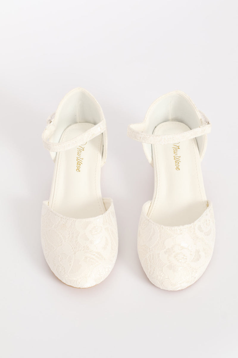 Girls Lace Heeled Shoe - White
