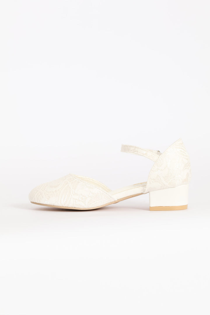 Girls Lace Heeled Shoe - White