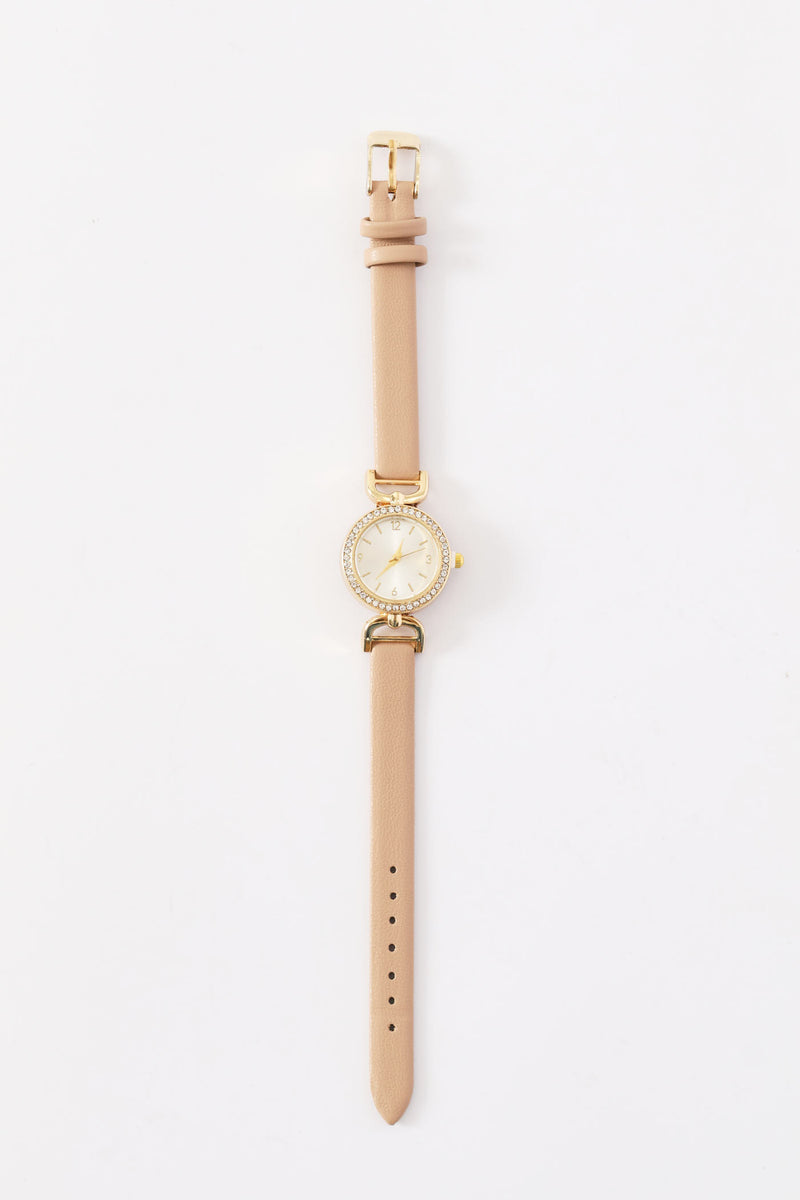 Dainty Taupe Strap Diamante Watch - Gold