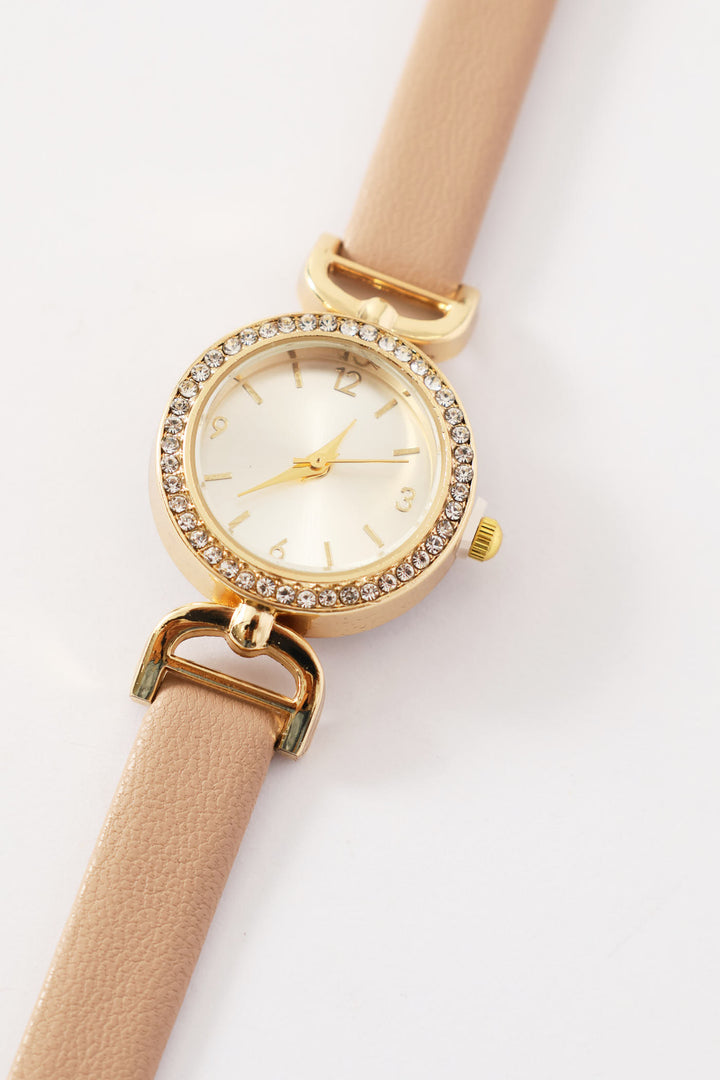 Dainty Taupe Strap Diamante Watch - Gold