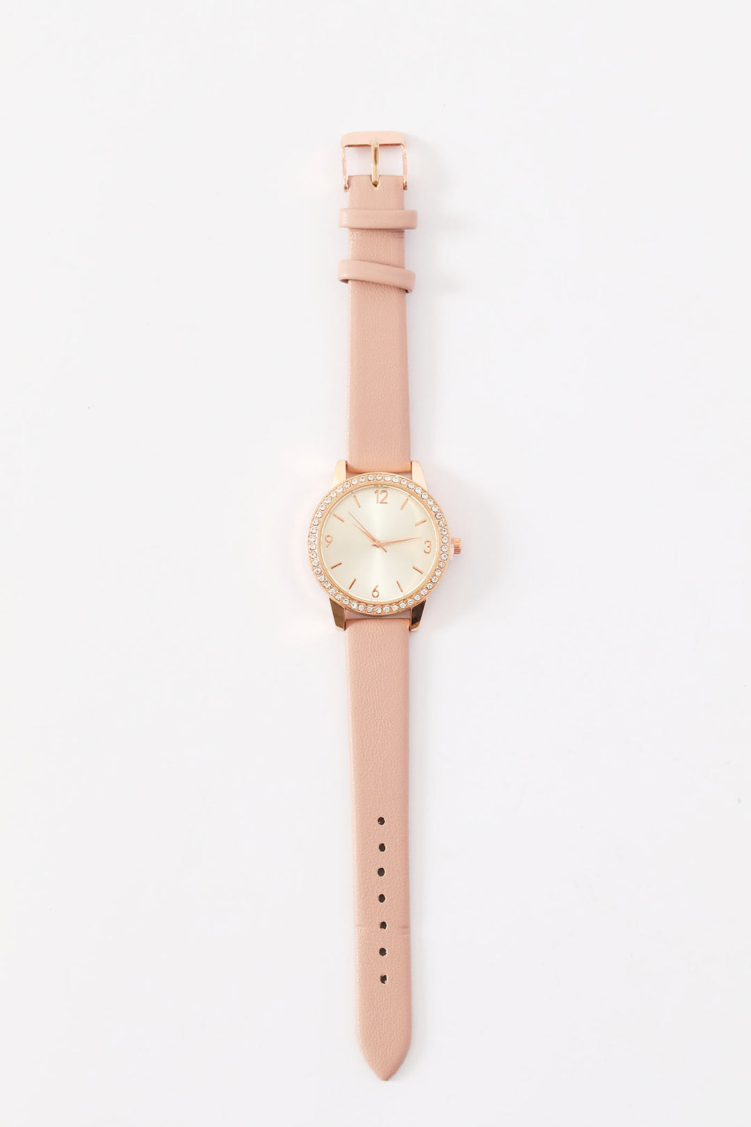 Mauve Strap Round Diamante Watch - Gold