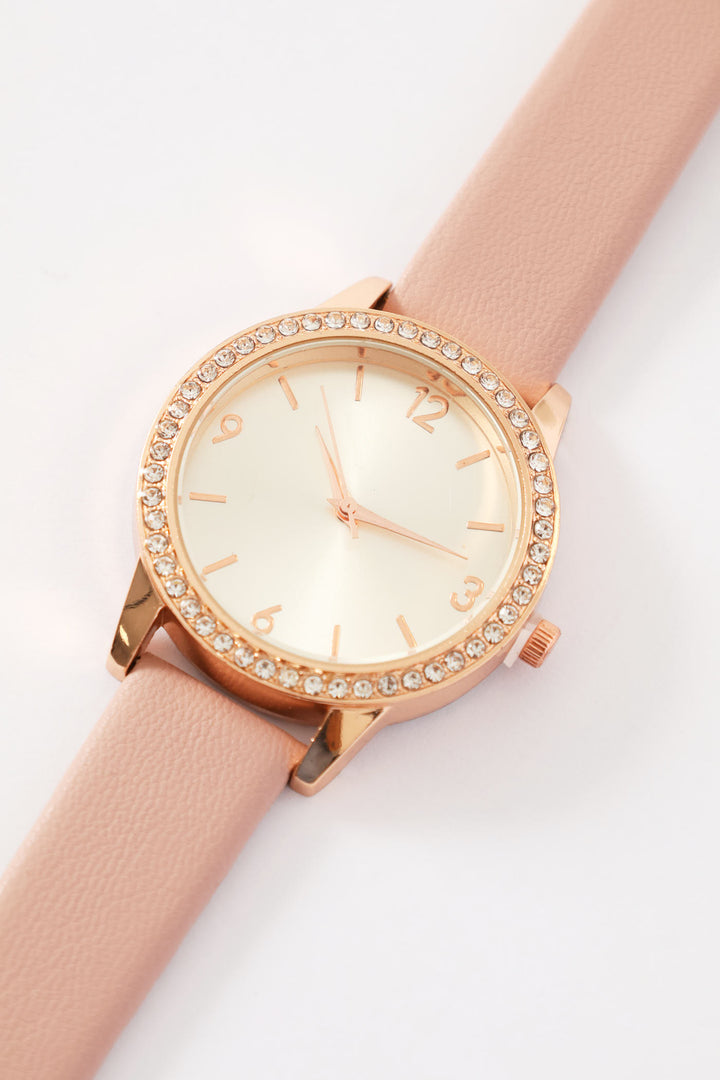 Mauve Strap Round Diamante Watch - Gold