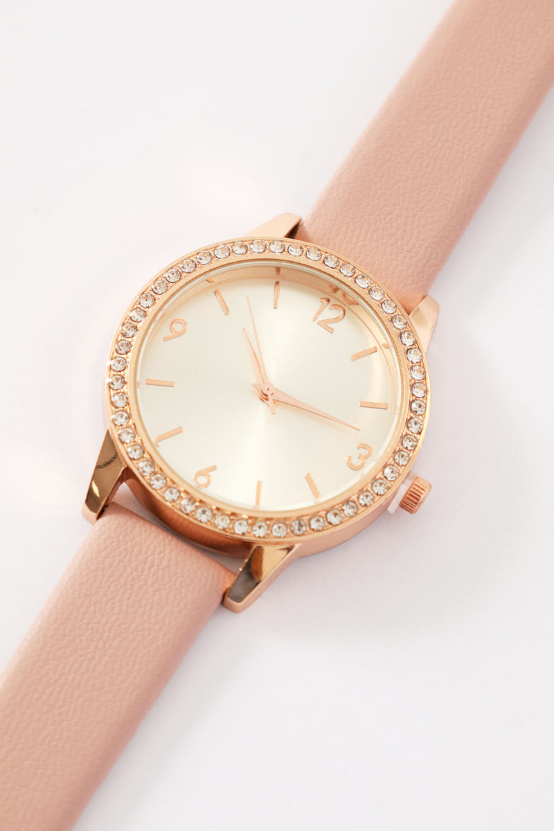 Mauve Strap Round Diamante Watch - Gold