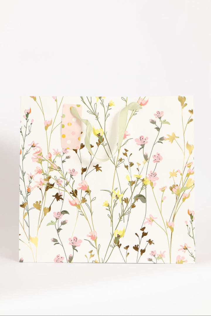 Spring Floral Polka Gold Foil Gift Bag - White