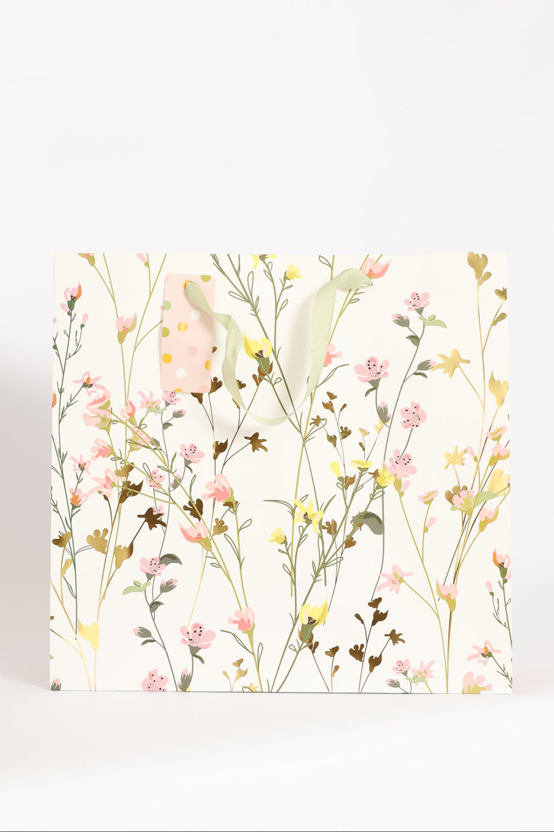 Spring Floral Polka Gold Foil Gift Bag - White