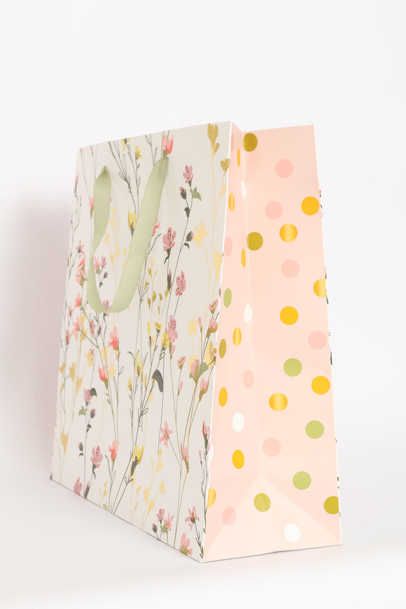 Spring Floral Polka Gold Foil Gift Bag - White