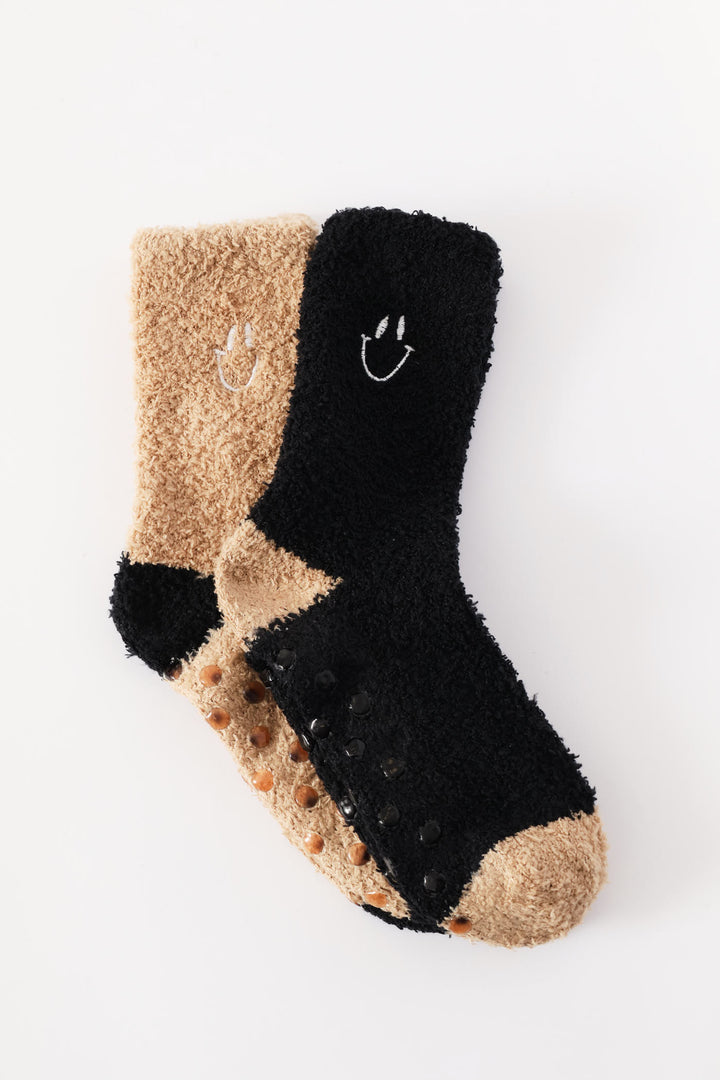 Boys 2 Pack Plain Smile Fluffy Socks - Black