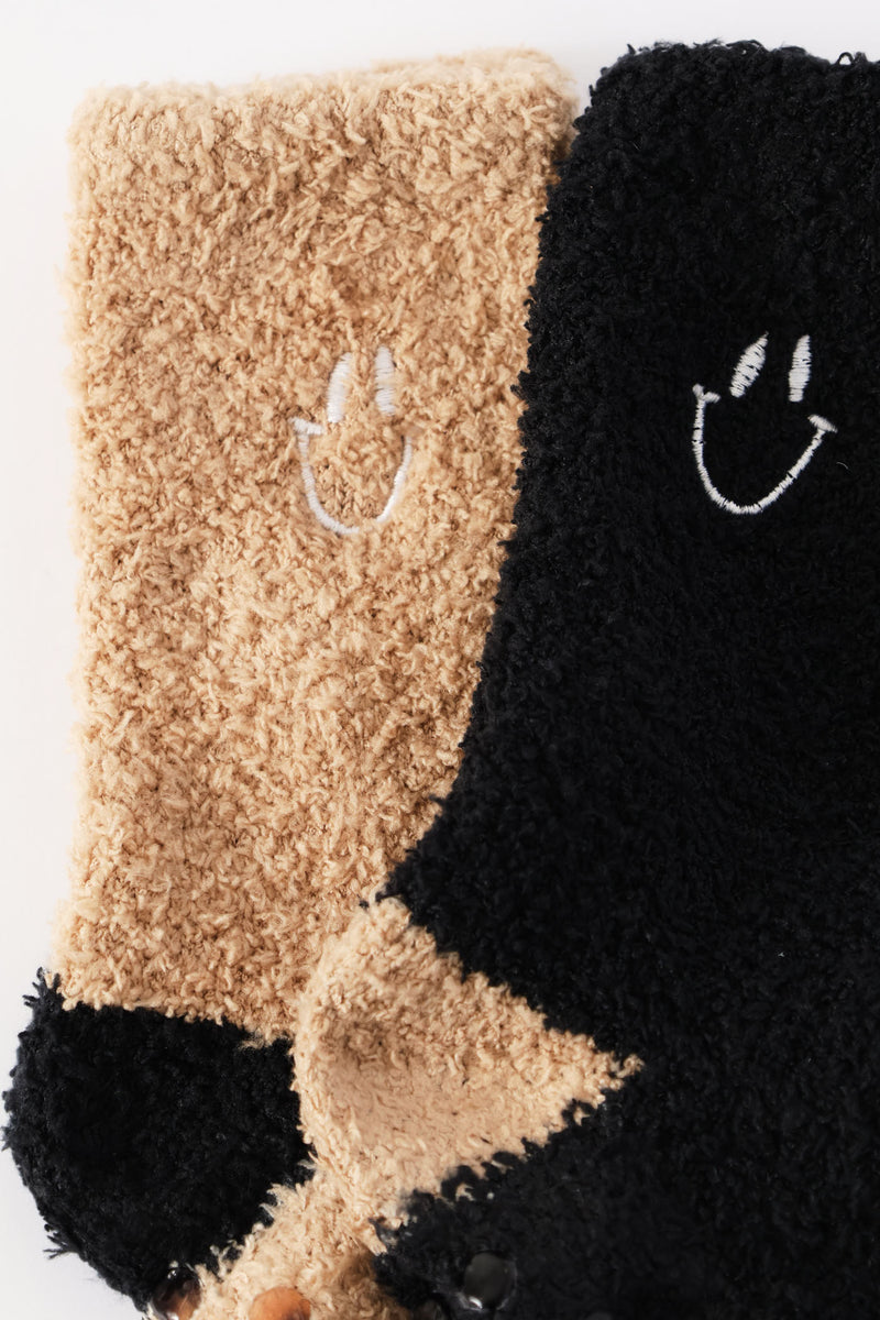 Boys 2 Pack Plain Smile Fluffy Socks - Black