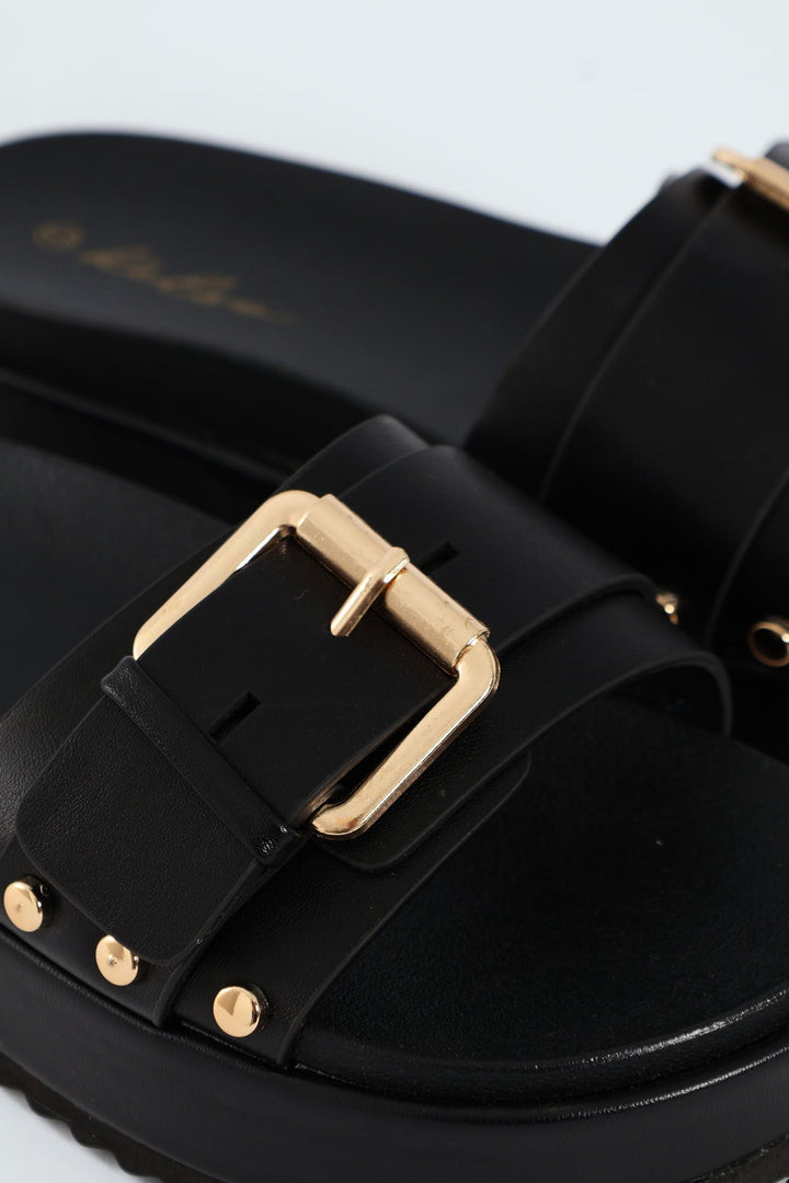 Single Band Buckled Mule Sandal With Outsole Studs - Black