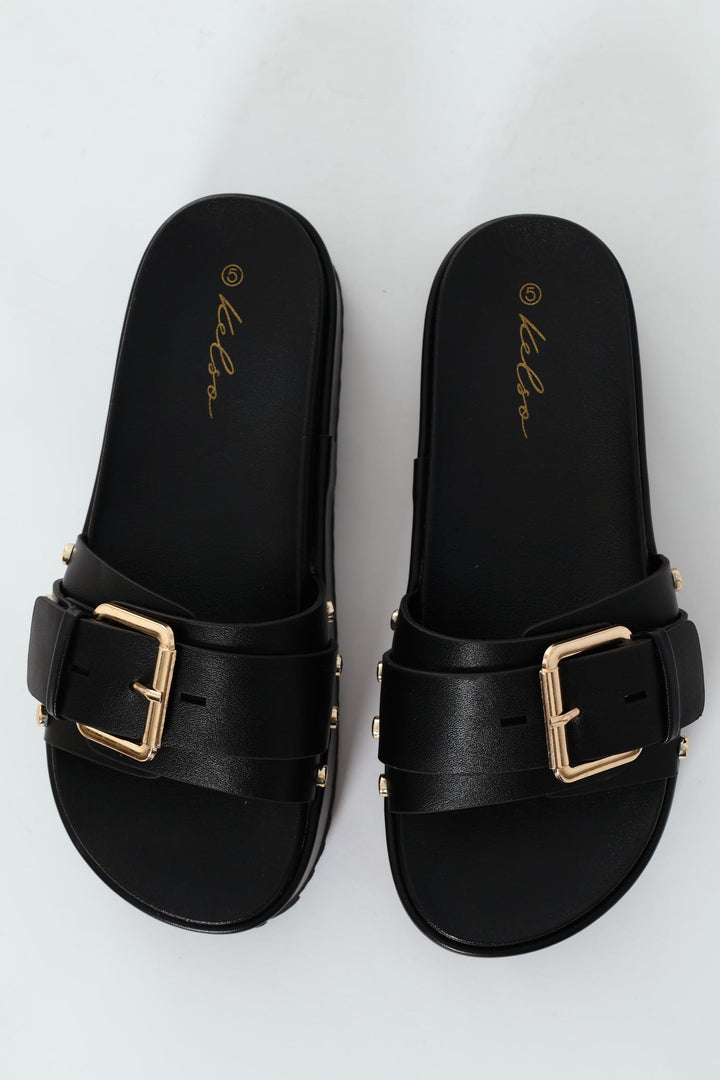 Single Band Buckled Mule Sandal With Outsole Studs - Black