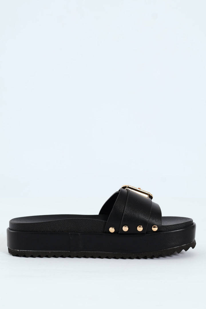 Single Band Buckled Mule Sandal With Outsole Studs - Black