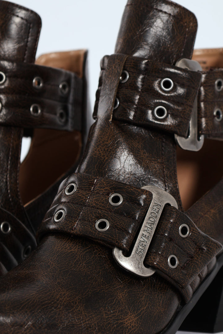 Giustine Pointed Toe Double Buckle Heeled Boot - Brown